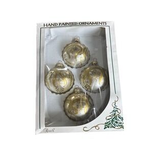 4 Vtg Handpainted Rauch Mercury Glass Gold Christmas Ornate Ornaments "R" On Cap